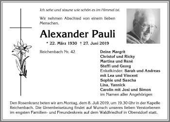 Traueranzeige von Alexander Pauli von Allgäuer Anzeigeblatt