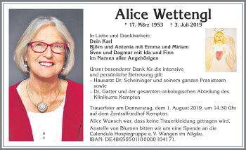 Traueranzeige von Alice Wettengl von Allgäuer Zeitung,Kempten