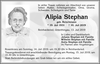Traueranzeige von Alipia Stephan von Allgäuer Zeitung, Marktoberdorf