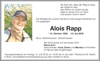 Traueranzeige von Alois Rapp von Memminger Zeitung