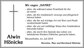Traueranzeige von Alwin Hönicke von Allgäuer Zeitung