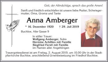 Traueranzeige von Anna Amberger von Allgäuer Zeitung, Kaufbeuren/Buchloe