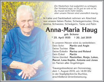 Traueranzeige von Anna-Maria Haug von Allgäuer Zeitung, Kaufbeuren/Buchloe