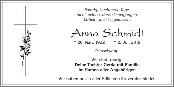 Traueranzeige von Anna Schmidt von Allgäuer Zeitung, Füssen