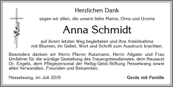 Traueranzeige von Anna Schmidt von Allgäuer Zeitung, Füssen