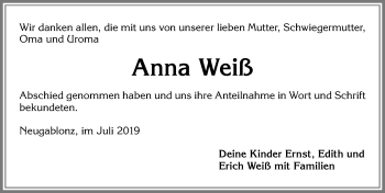Traueranzeige von Anna Weiß von Allgäuer Zeitung, Kaufbeuren/Buchloe