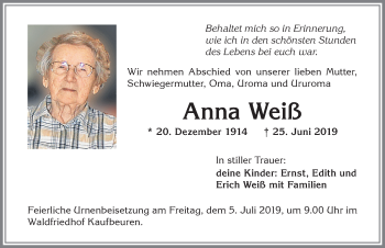 Traueranzeige von Anna Weiß von Allgäuer Zeitung, Kaufbeuren/Buchloe