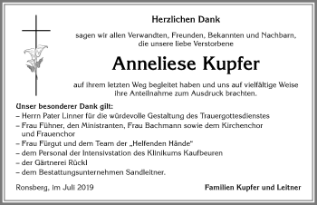 Traueranzeige von Anneliese Kupfer von Allgäuer Zeitung, Marktoberdorf