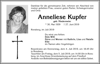 Traueranzeige von Anneliese Kupfer von Allgäuer Zeitung, Marktoberdorf