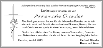 Traueranzeige von Annemarie Glauder von Allgäuer Zeitung, Füssen