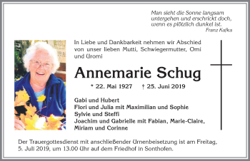 Traueranzeige von Annemarie Schug von Allgäuer Anzeigeblatt