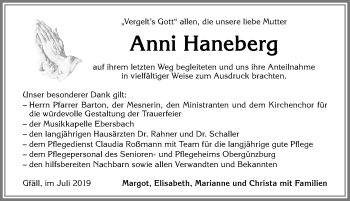 Traueranzeige von Anni Haneberg von Allgäuer Zeitung, Marktoberdorf