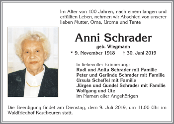 Traueranzeige von Anni Schrader von Allgäuer Zeitung, Kaufbeuren/Buchloe