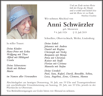 Traueranzeige von Anni Schwärzler von Der Westallgäuer