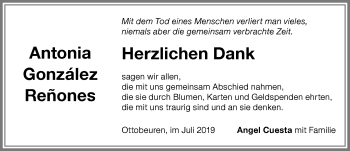 Traueranzeige von Antonia Gonzalez Renones von Memminger Zeitung