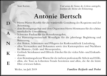 Traueranzeige von Antonie Bertsch von Der Westallgäuer