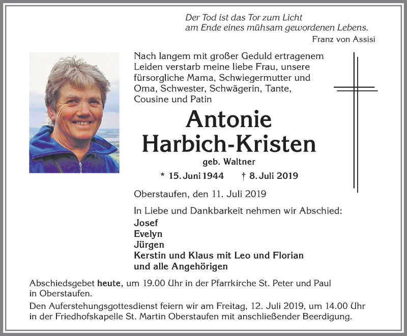  Traueranzeige für Antonie Harbich-Kristen vom 11.07.2019 aus Allgäuer Anzeigeblatt
