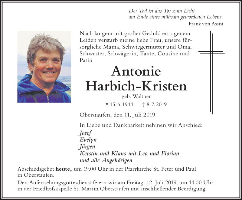  Traueranzeige für Antonie Harbich-Kristen vom 11.07.2019 aus Der Westallgäuer