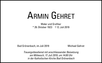 Traueranzeige von Armin Gehret von Memminger Zeitung