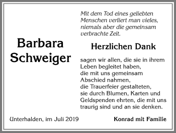 Traueranzeige von Barbara Schweiger von Allgäuer Zeitung,Kempten