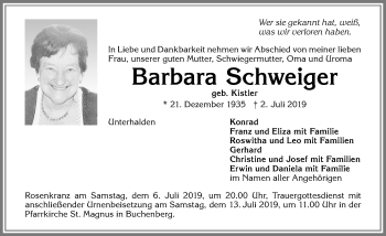Traueranzeige von Barbara Schweiger von Allgäuer Zeitung,Kempten