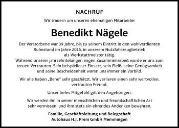 Traueranzeige von Benedikt Nägele von Memminger Zeitung
