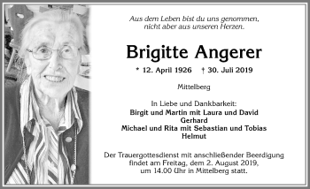 Traueranzeige von Brigitte Angerer von Allgäuer Zeitung,Kempten
