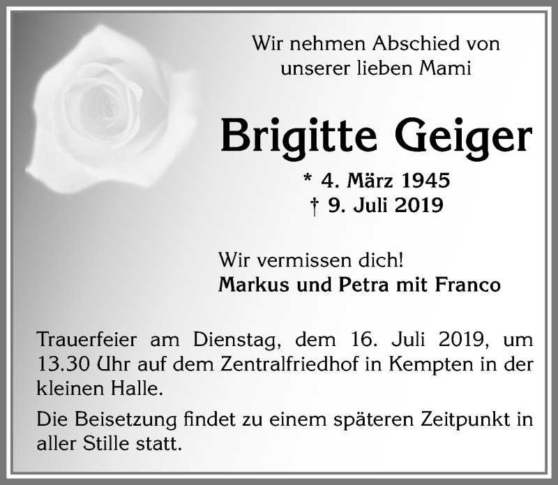  Traueranzeige für Brigitte Geiger vom 13.07.2019 aus Allgäuer Zeitung,Kempten