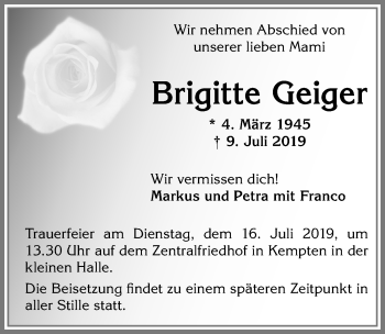 Traueranzeige von Brigitte Geiger von Allgäuer Zeitung,Kempten