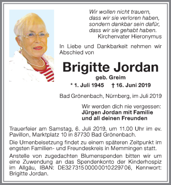 Traueranzeige von Brigitte Jordan von Memminger Zeitung