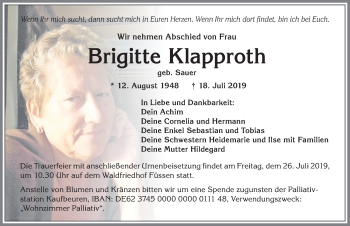 Traueranzeige von Brigitte Klapproth von Allgäuer Zeitung, Füssen