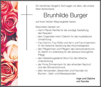Traueranzeige von Brunhilde Burger von Der Westallgäuer