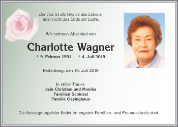 Traueranzeige von Charlotte Wagner von Allgäuer Anzeigeblatt