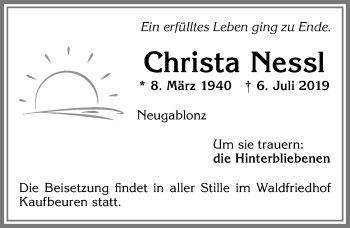Traueranzeige von Christa Nessl von Allgäuer Zeitung, Kaufbeuren/Buchloe