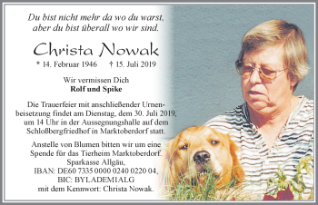 Traueranzeige von Christa Nowak von Allgäuer Zeitung, Marktoberdorf