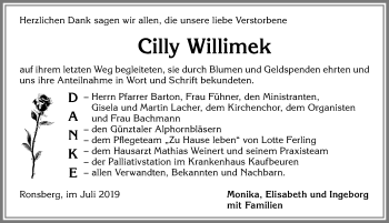 Traueranzeige von Cilly Willimek von Allgäuer Zeitung, Marktoberdorf