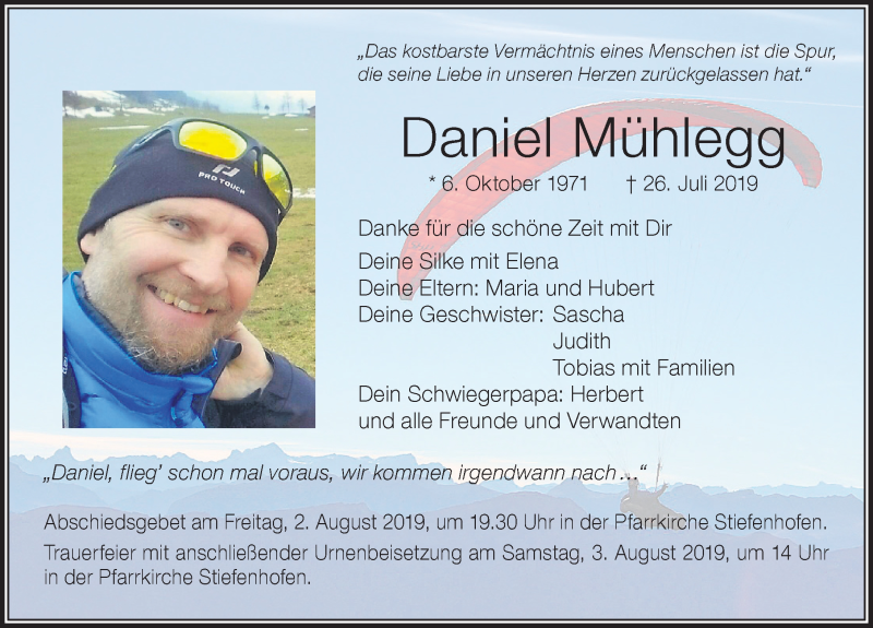  Traueranzeige für Daniel Mühlegg vom 31.07.2019 aus Der Westallgäuer