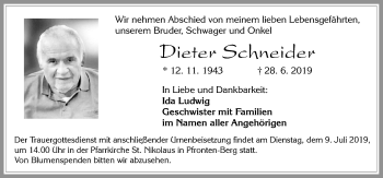 Traueranzeige von Dieter Schneider von Allgäuer Zeitung, Füssen
