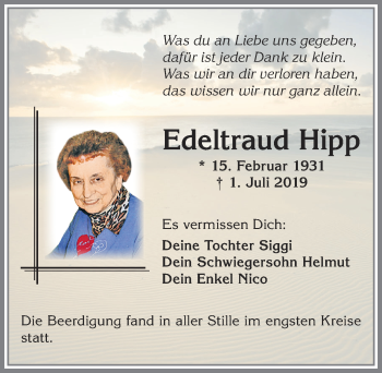 Traueranzeige von Edeltraud Hipp von Allgäuer Zeitung,Kempten