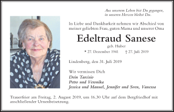 Traueranzeige von Edeltraud Sanese von Der Westallgäuer