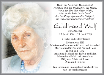 Traueranzeige von Edeltraud Wolf von Allgäuer Zeitung, Füssen