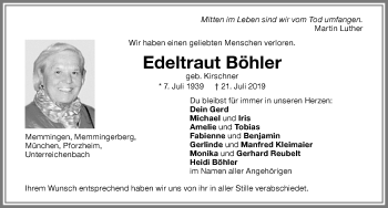 Traueranzeige von Edeltraut Böhler von Memminger Zeitung