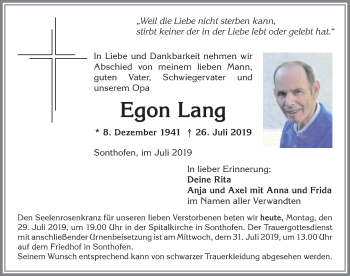 Traueranzeige von Egon Lang von Allgäuer Anzeigeblatt