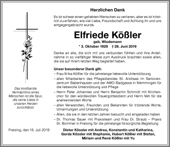 Traueranzeige von Elfriede Kößler von Memminger Zeitung