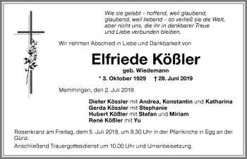 Traueranzeige von Elfriede Kößler von Memminger Zeitung