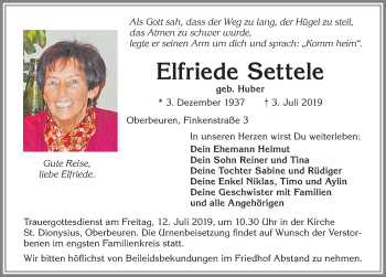 Traueranzeige von Elfriede Settele von Allgäuer Zeitung