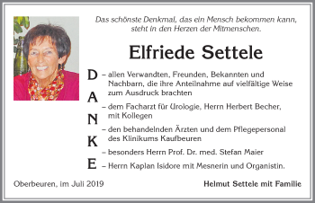 Traueranzeige von Elfriede Settele von Allgäuer Zeitung, Kaufbeuren/Buchloe