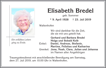 Traueranzeige von Elisabeth Bredel von Allgäuer Zeitung,Kempten