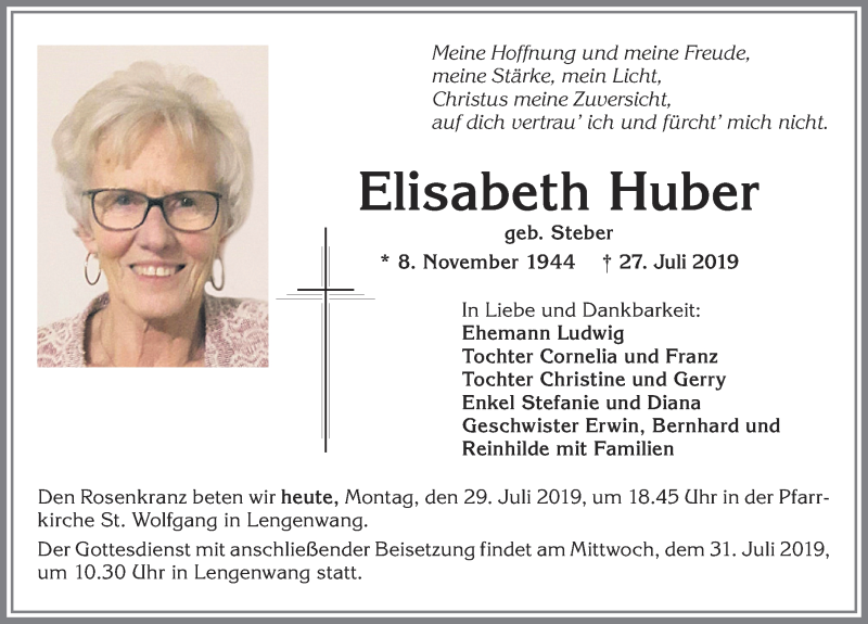  Traueranzeige für Elisabeth Huber vom 29.07.2019 aus Allgäuer Zeitung, Marktoberdorf