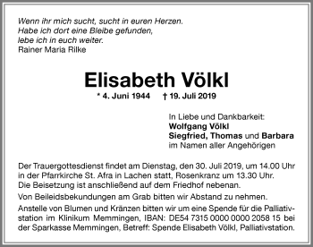 Traueranzeige von Elisabeth Völkl von Memminger Zeitung